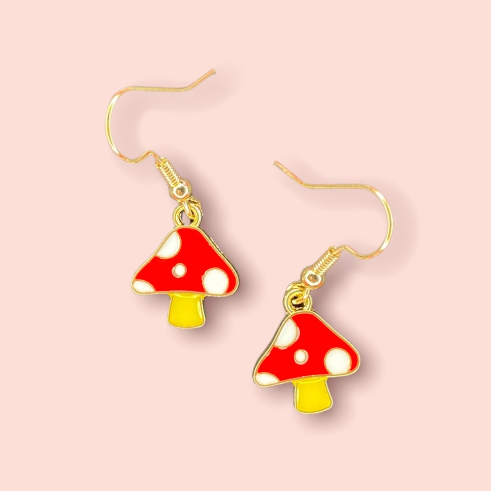 Gold Shroom Baby Purple Earrings, red enamel, 18k Gold